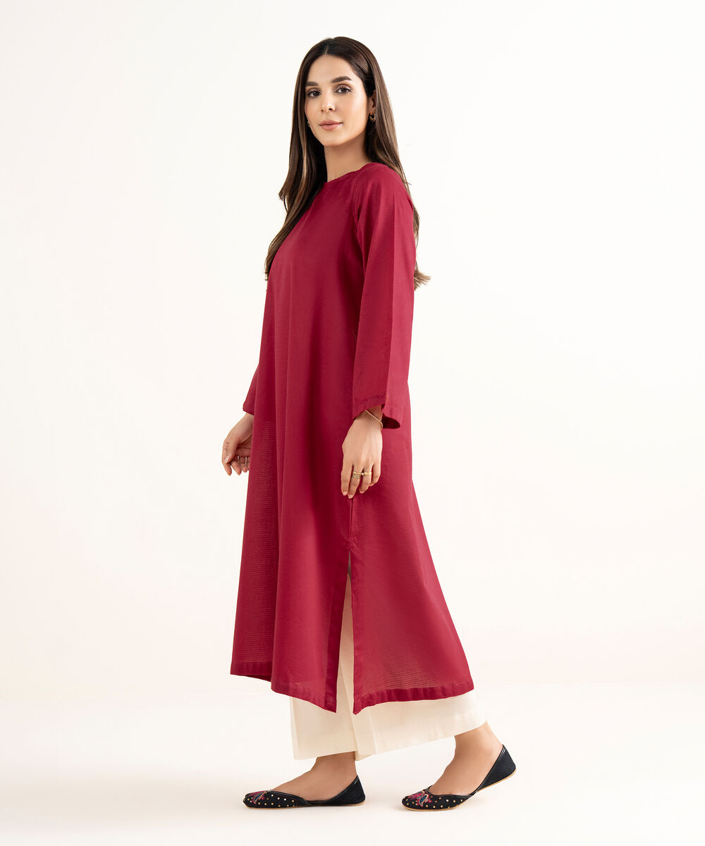 Women's RTW Textured Cotton Red  Solid A-Line Shirt