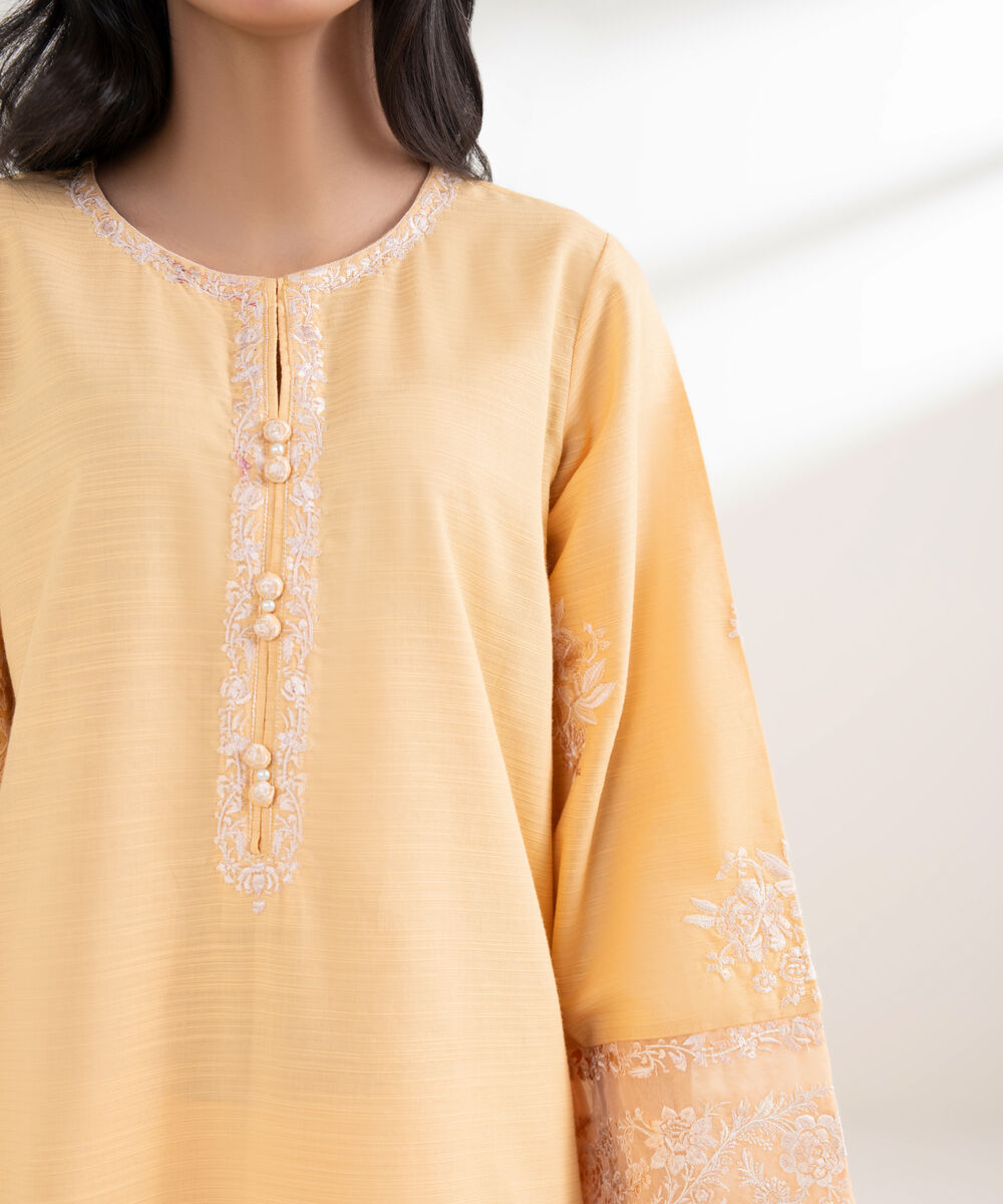 Women's RTW Light Khaddar Embroidered Pale Yellow Straight Shirt