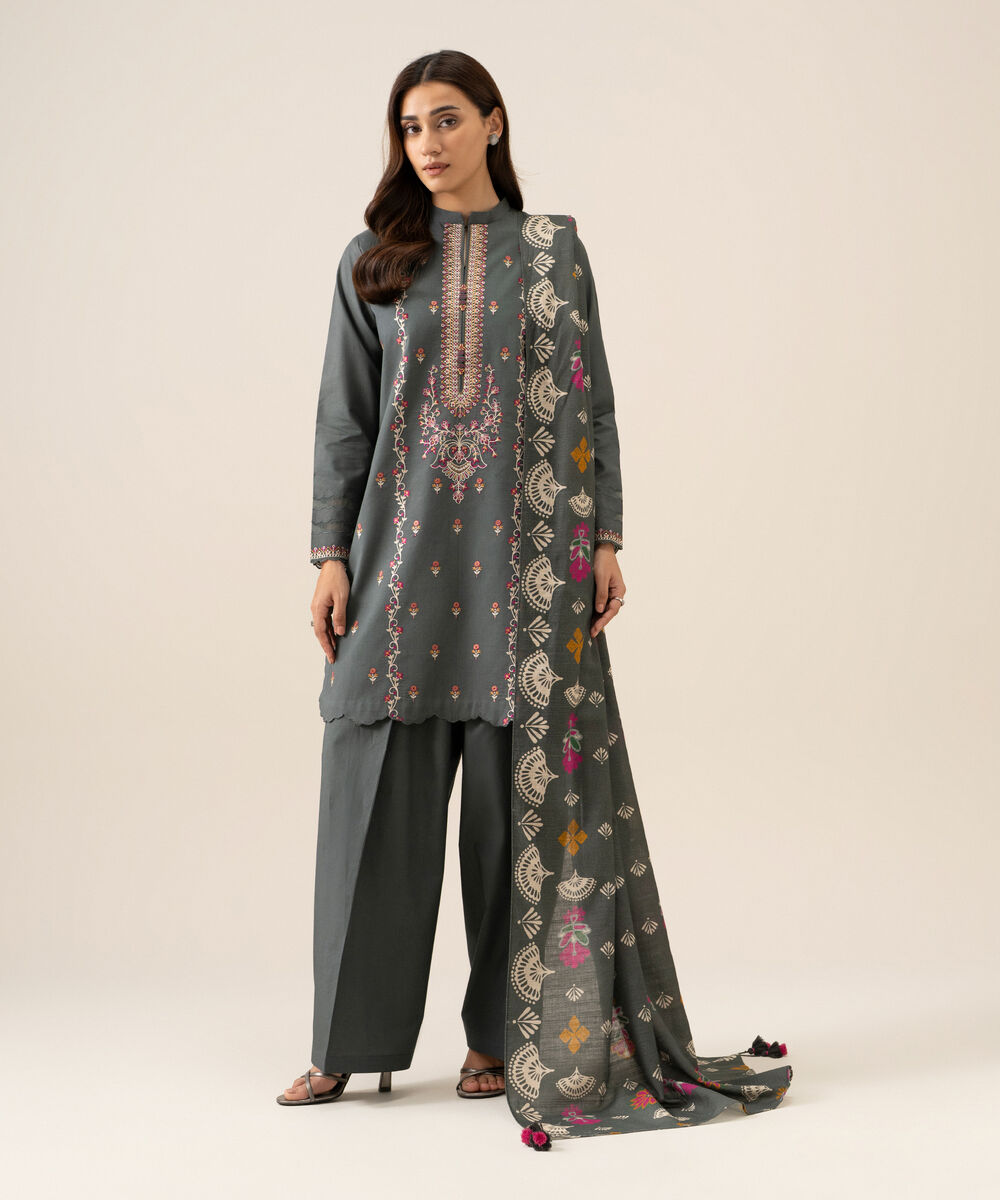 Women's Unstitched Lawn Embroidered Grey 3 Piece Suit