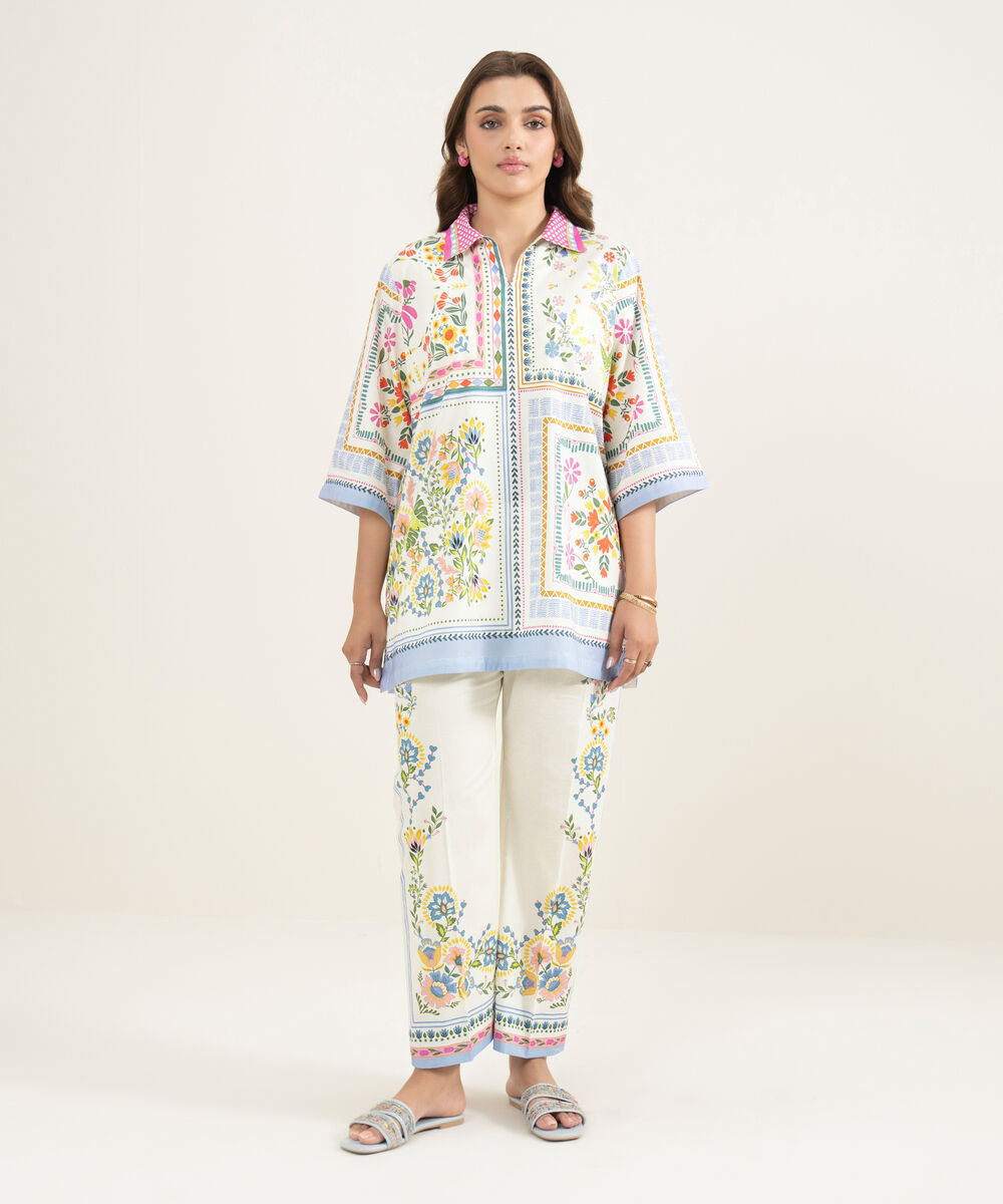 Women's RTW Cotton Viscose Printed Off White Straight Shirt