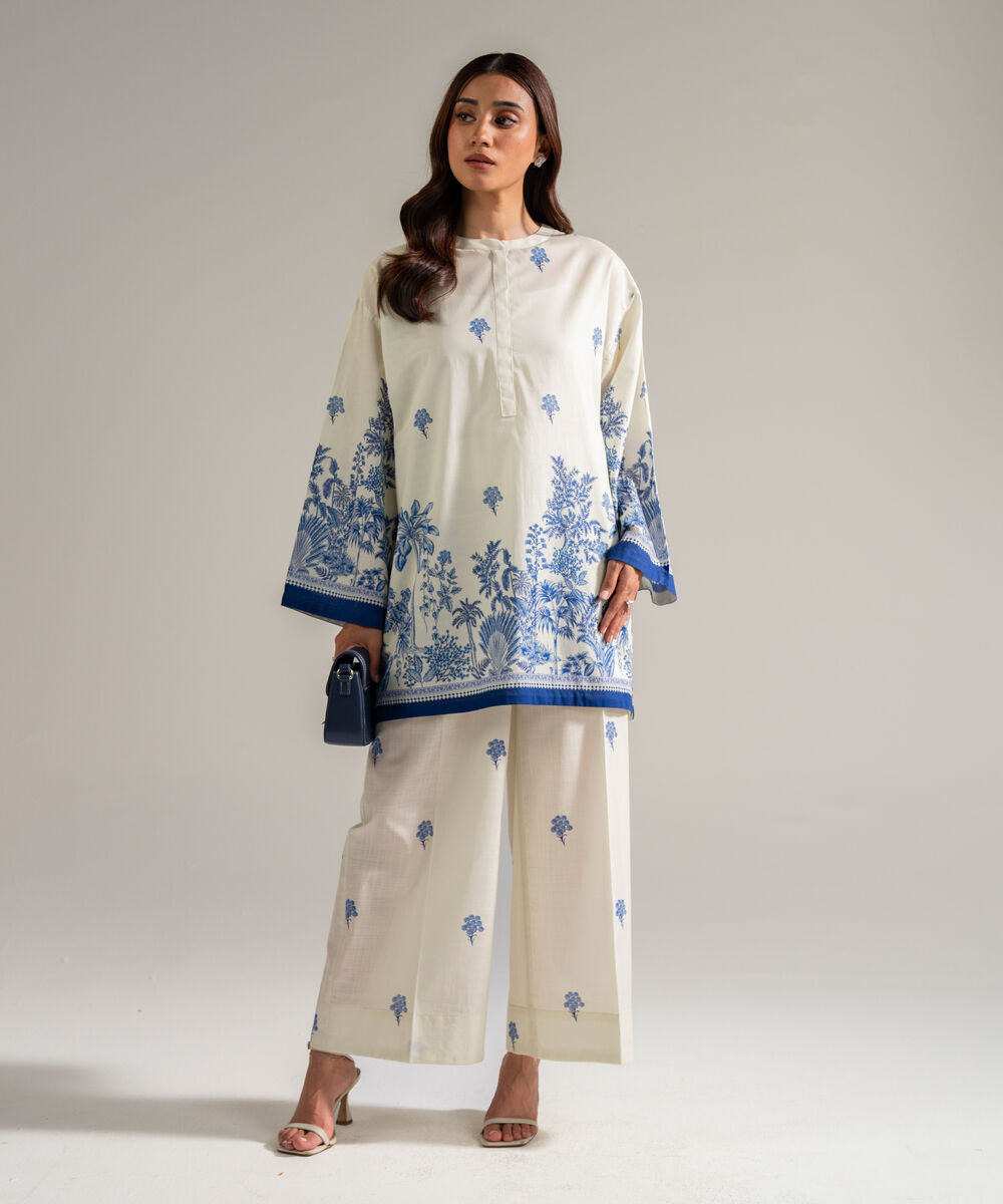Women's RTW Slub Lawn Printed Off White Drop Shoulder Shirt