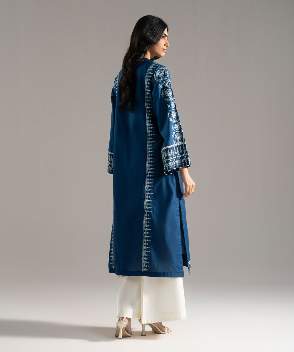 Women's RTW Solid Embroidered Cambric Blue A-Line Shirt