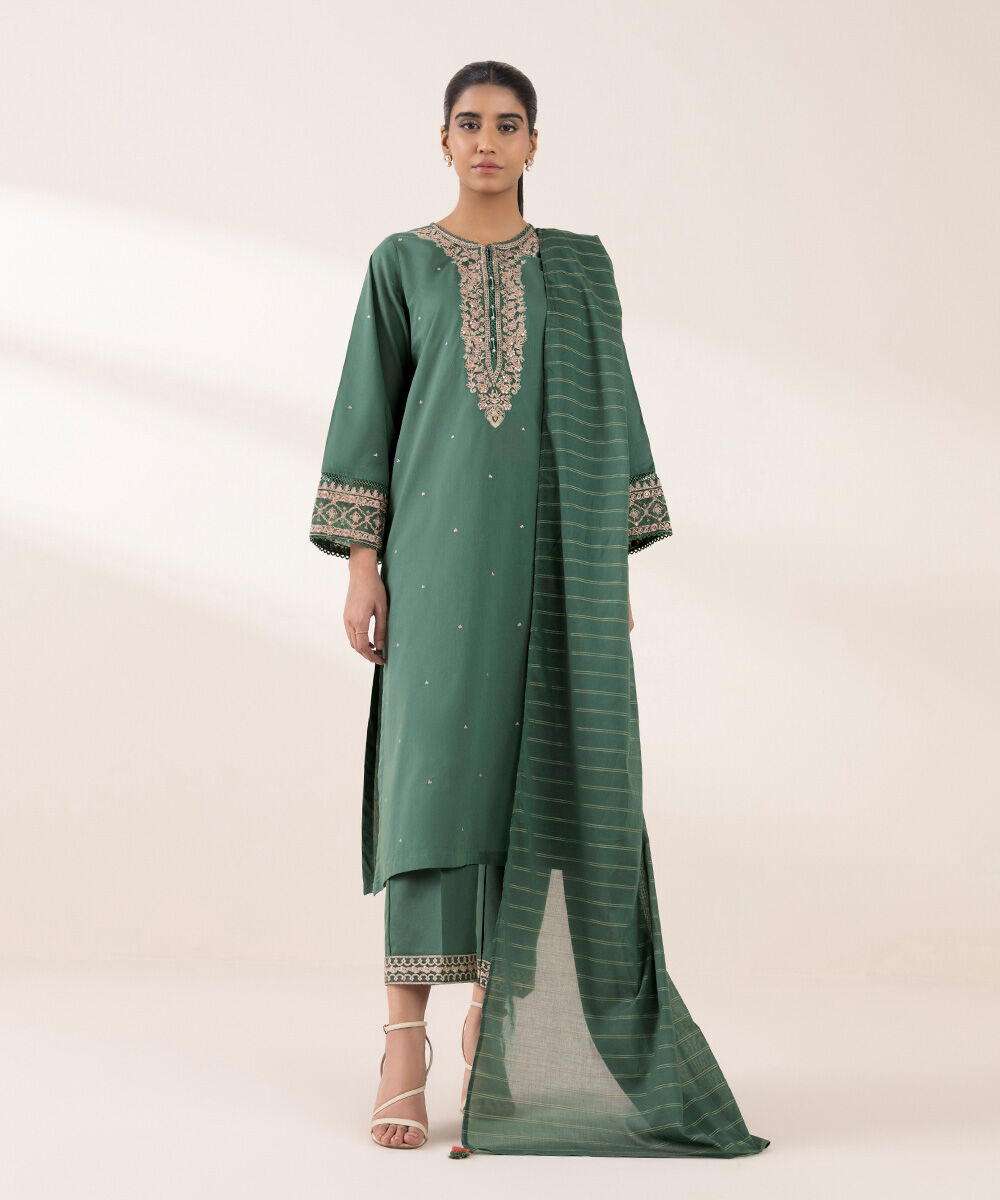 Women's RTW Lawn Green Embroidered A-Line Shirt