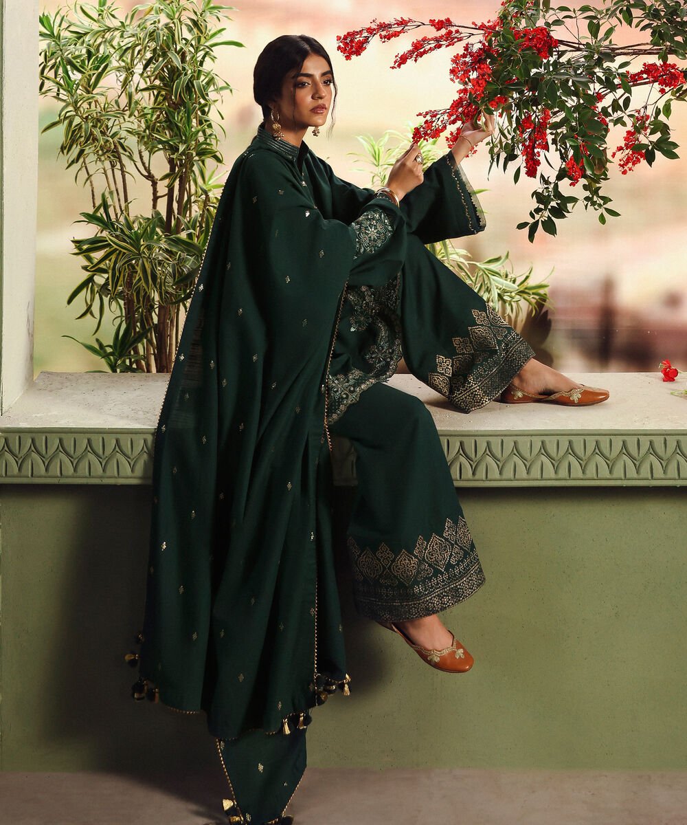 3 Piece - Embroidered Khaddar Suit Women's Unstitched Khaddar Embroidered Green 3 Piece Suit