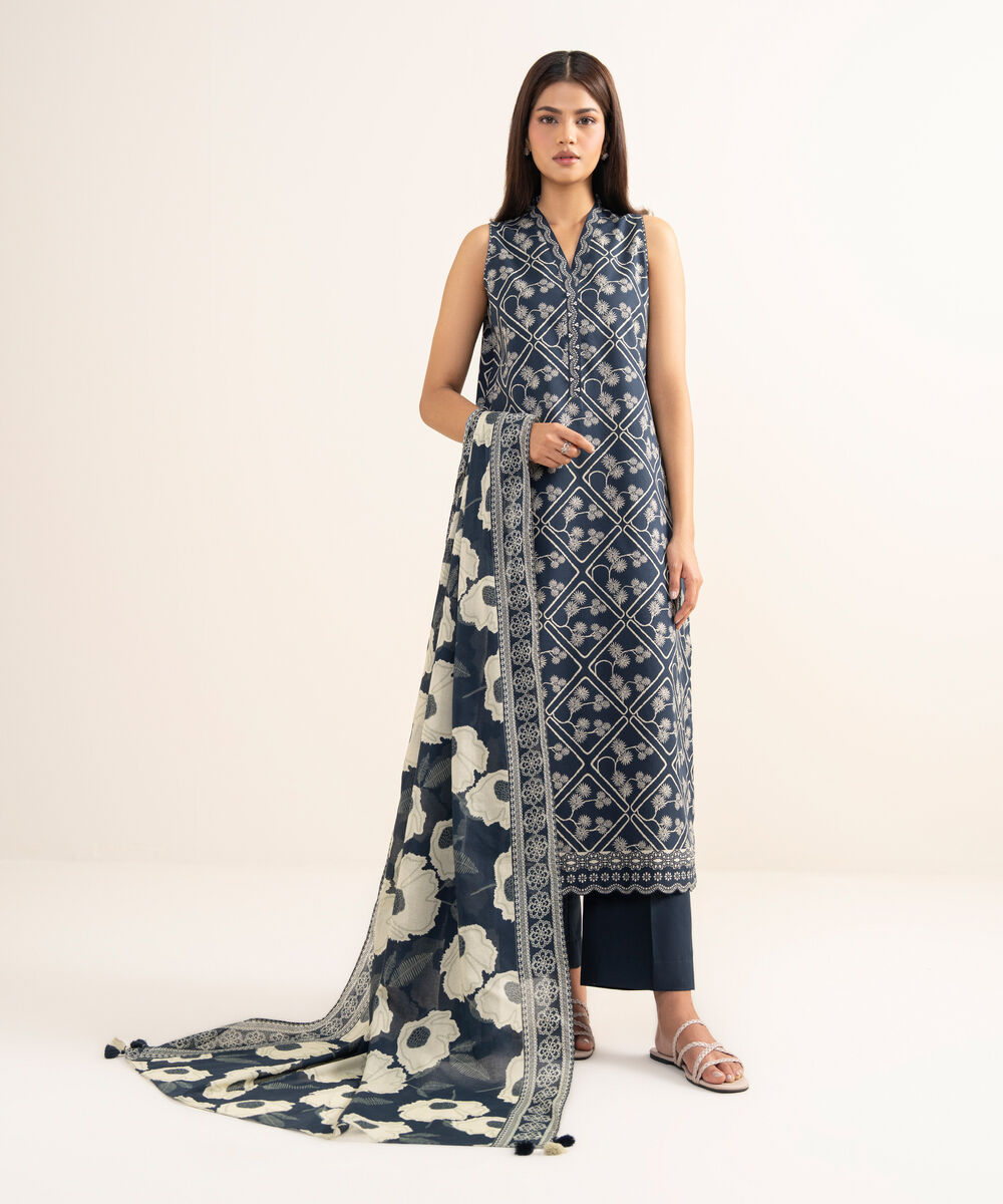 Women's Unstitched Lawn Printed Blue 3 Piece Suit