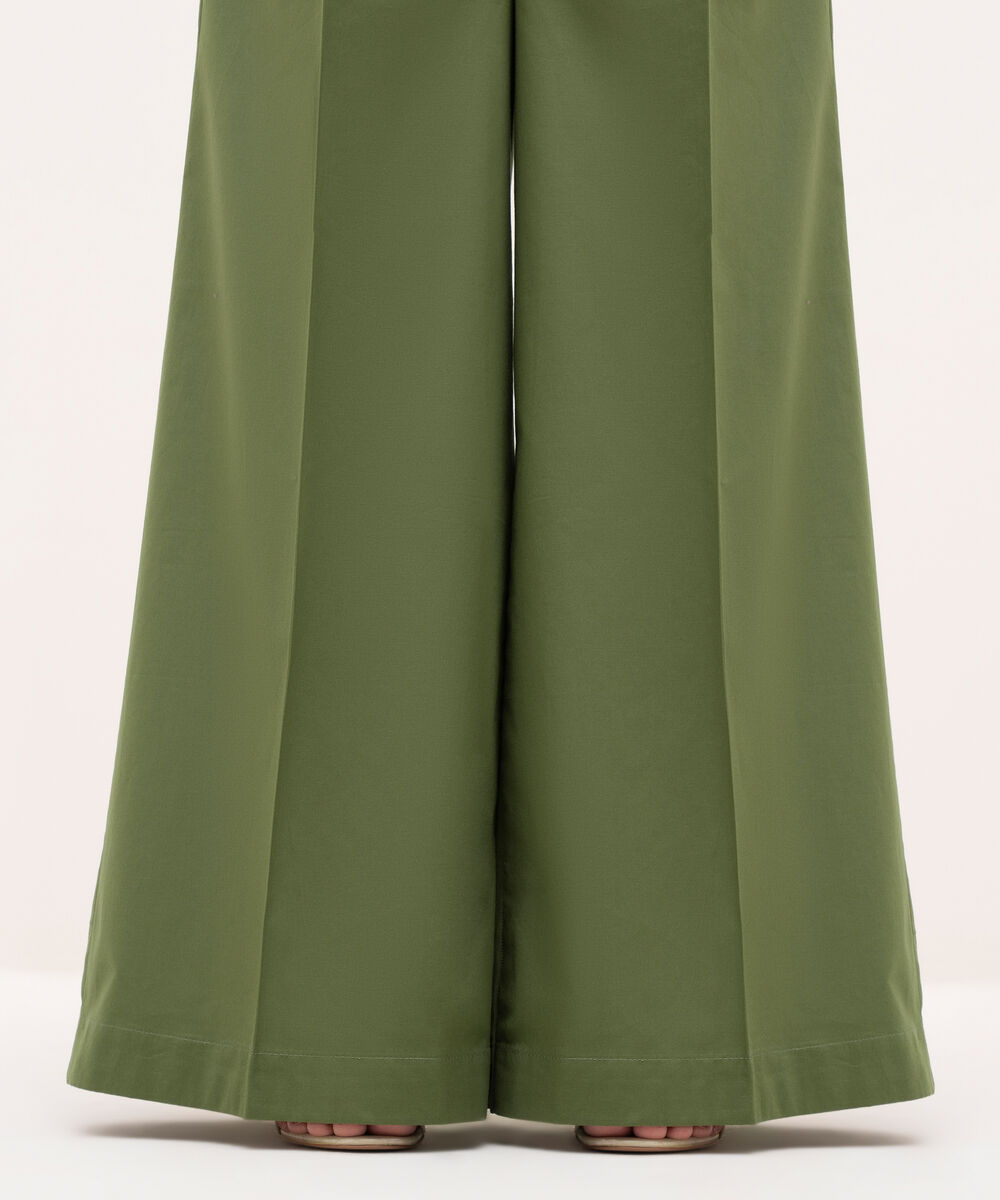 Women's RTW Cambric Green Solid Flared Pants