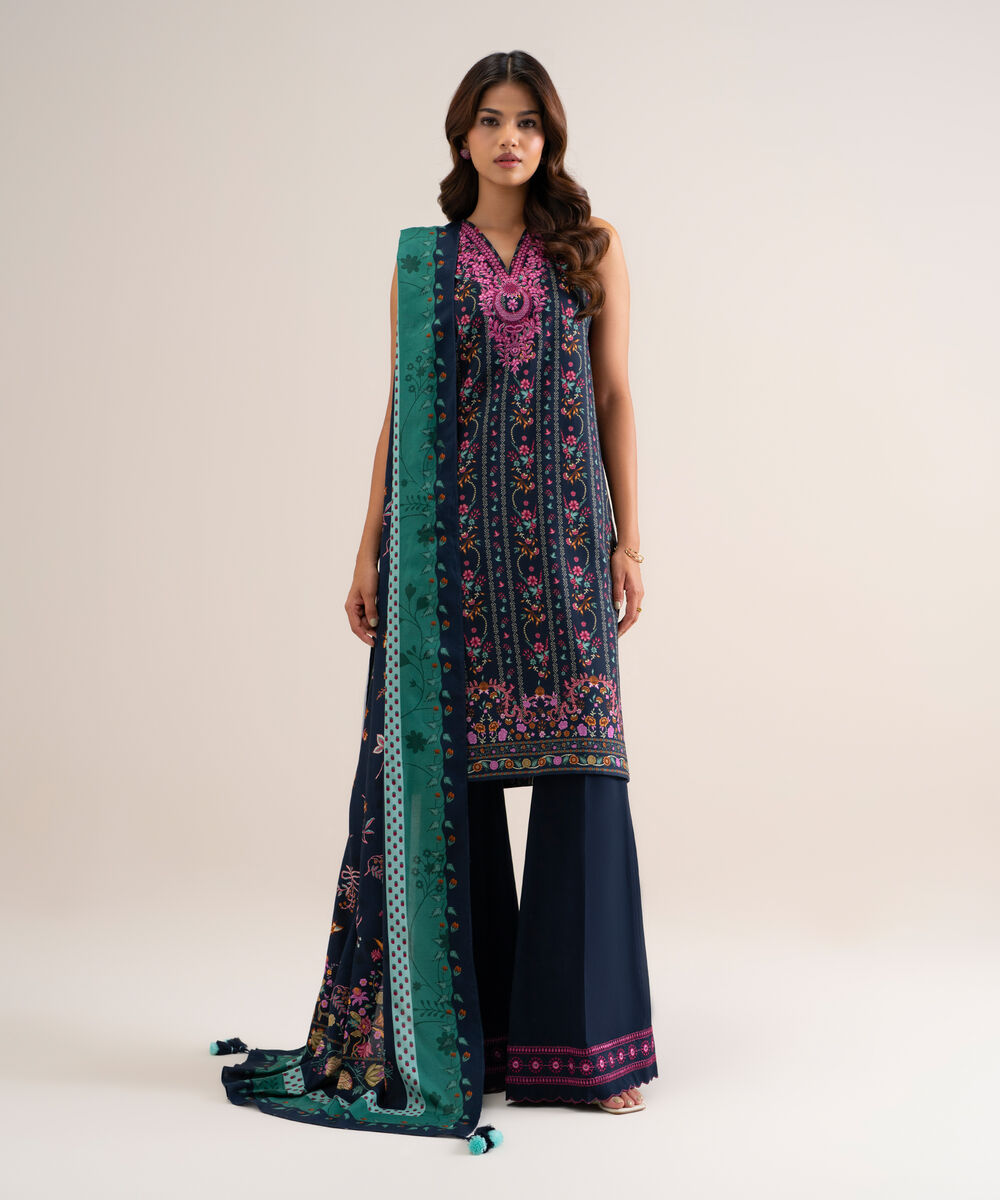 Women's Unstitched Printed Cotton Viscose Blue 3 Piece Suit