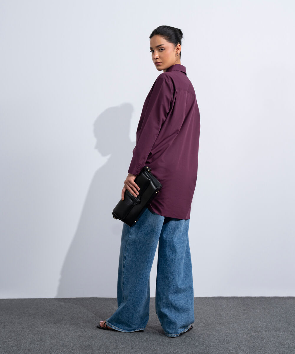 Women's Western Burgundy Long Button Through Shirt