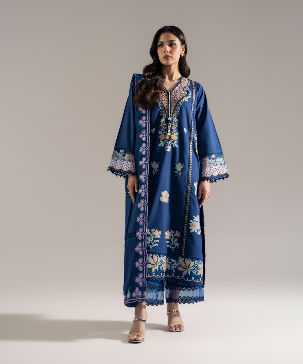 Women's RTW Dobby Solid Embroidered Blue 3 Piece Suit