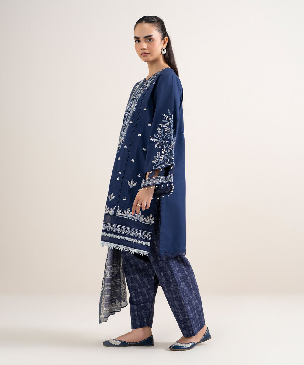 Women's Unstitched Cotton Embroidered Blue 3 Piece Suit