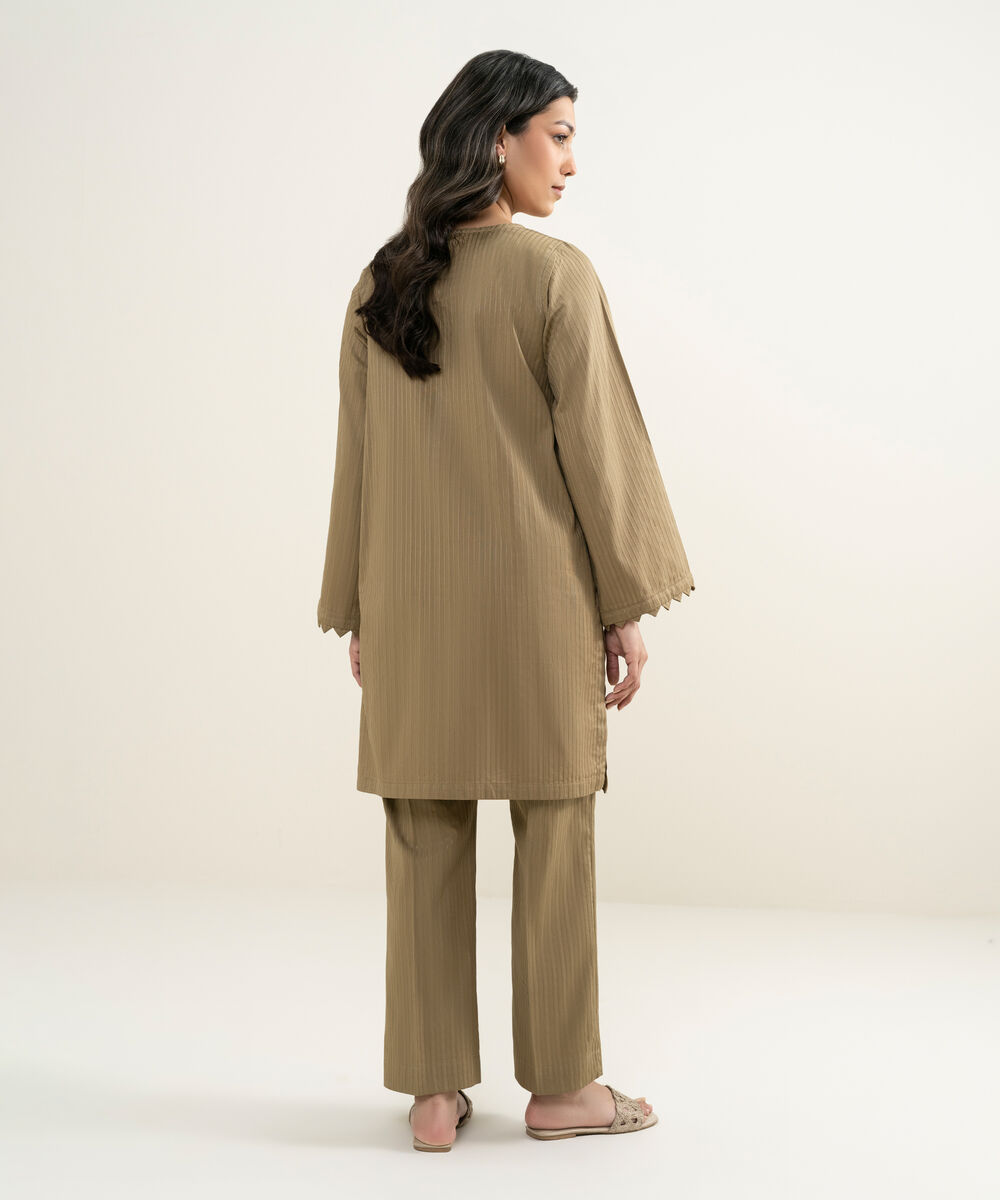 Women's RTW Dobby Solid Beige Straight Shirt