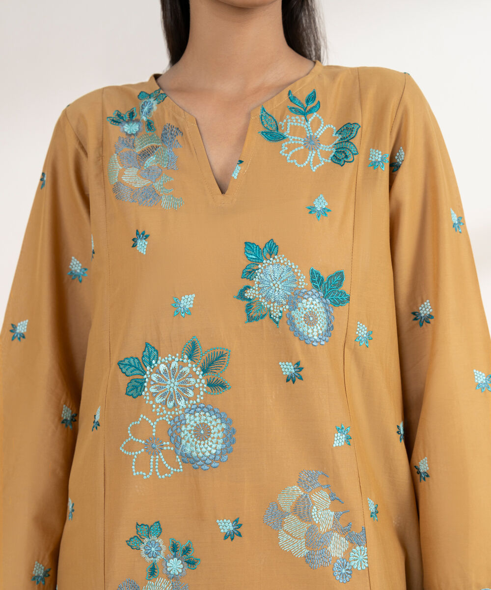 Women's RTW Lawn Brown Embroidered A-Line Shirt