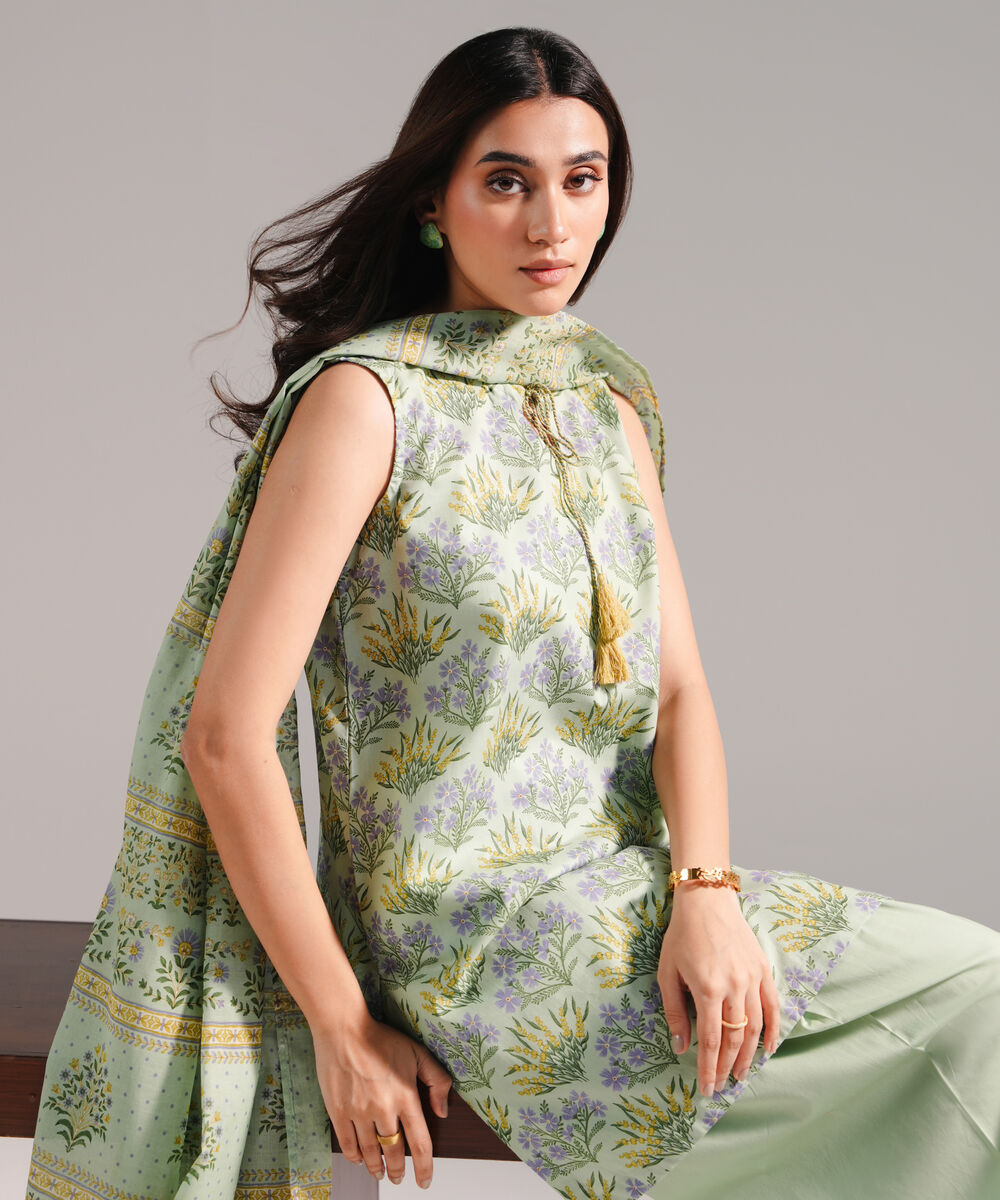 Women's RTW Lawn Printed Green 3 Piece Suit