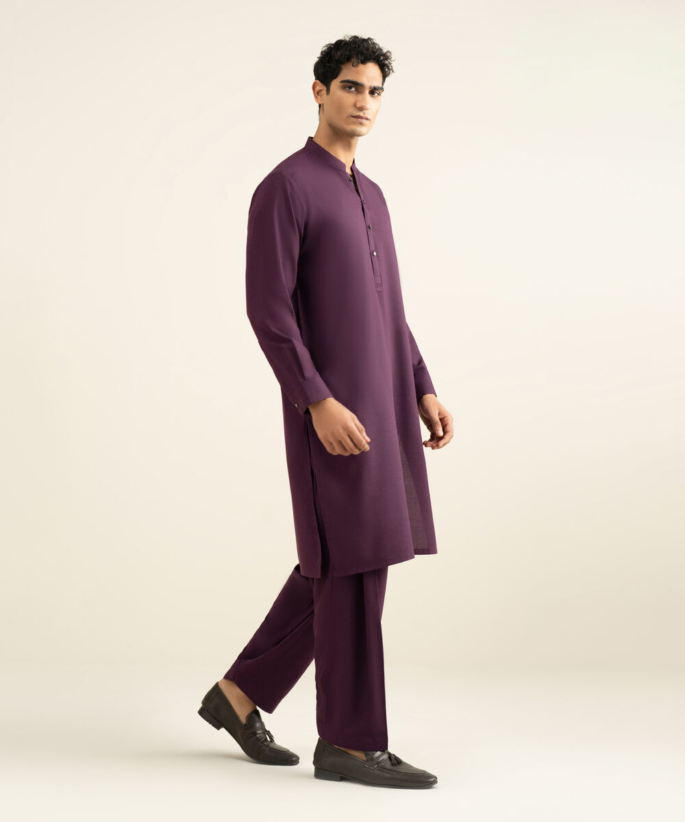 Men's plum Blended Linen Kameez Shalwar
