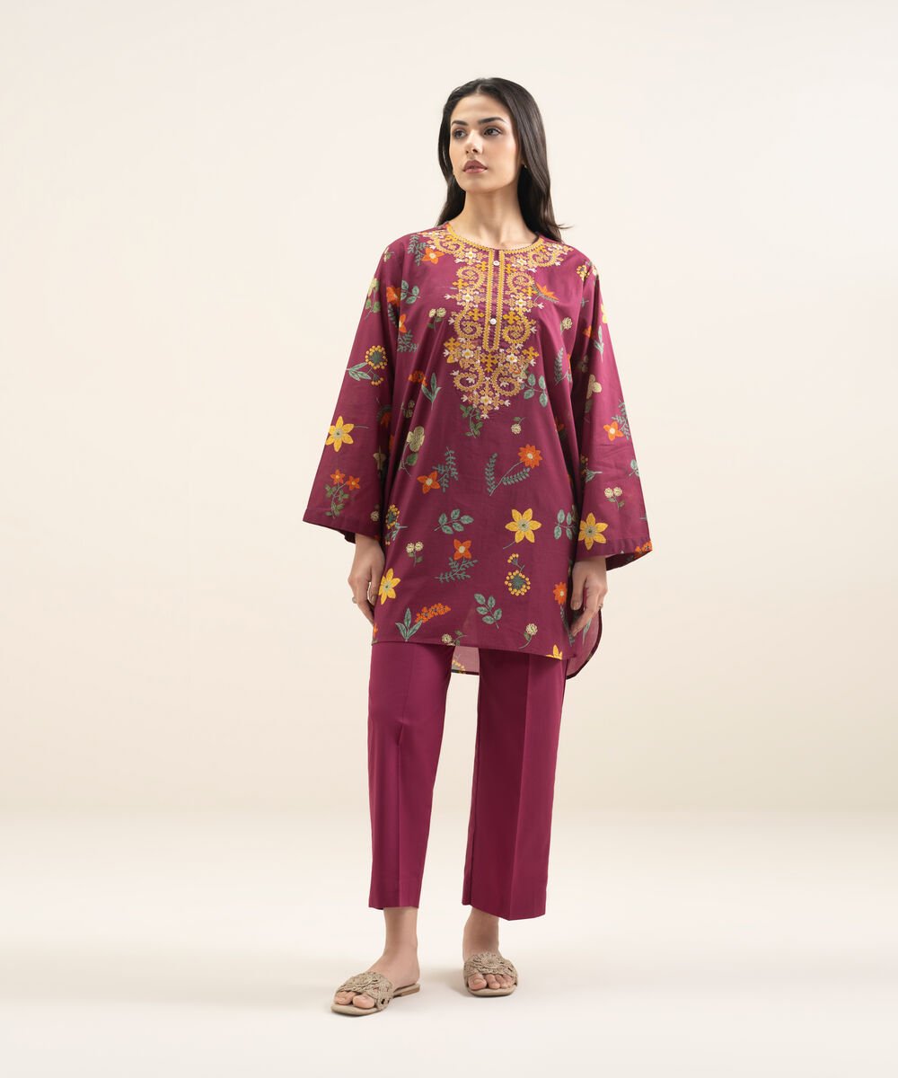 Women's RTW Slub Lawn Embroidered Purple Straight Shirt