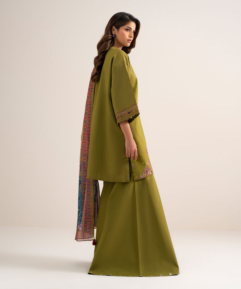 Women's Unstitched Fine Cotton Satin Embroidered Green