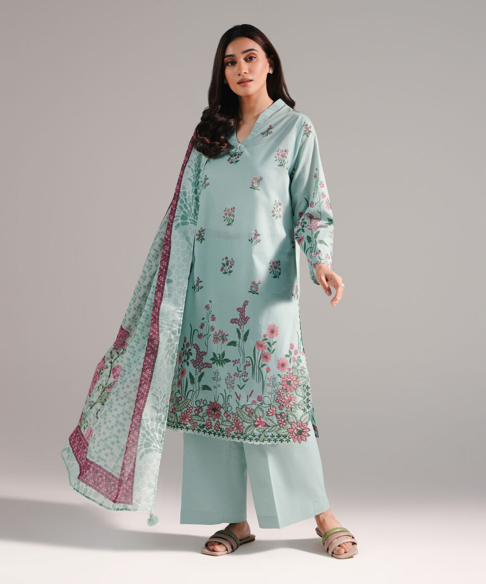 Women's RTW Lawn Printed Blue 3 Piece Suit