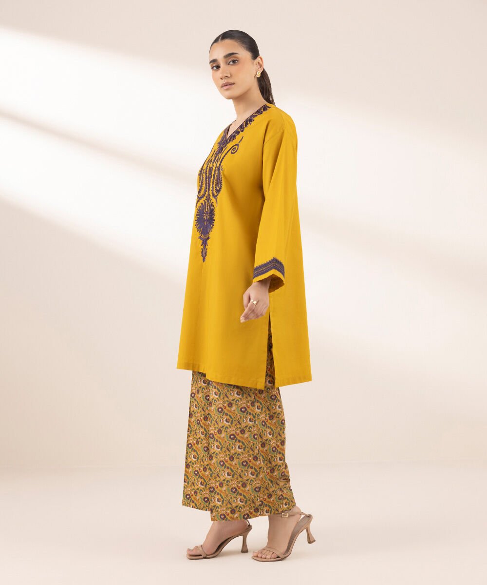 Women's RTW Textured Lawn Yellow Embroidered Boxy Shirt