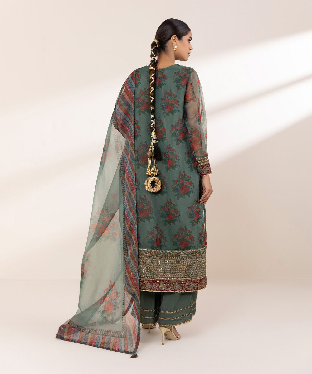 Women's RTW Blended Organza Green Embroidered Three Piece Suit