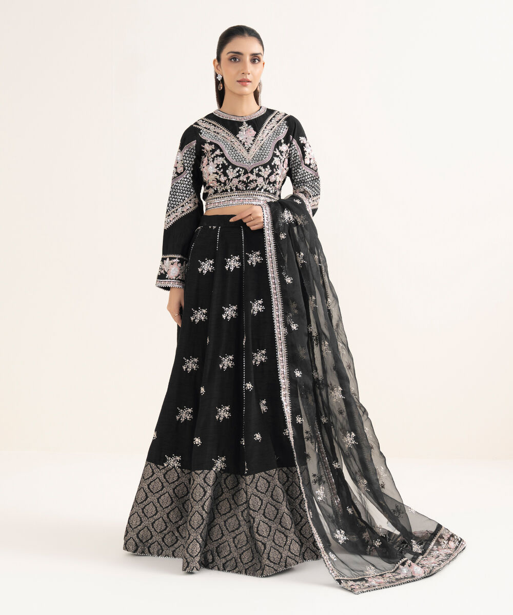 Women's RTW Raw Silk Embroidered Black 3 Piece Suit