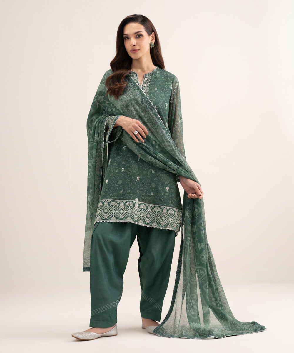 Women's Unstitched Blended Chiffon Embroidered Green 3 Piece Suit