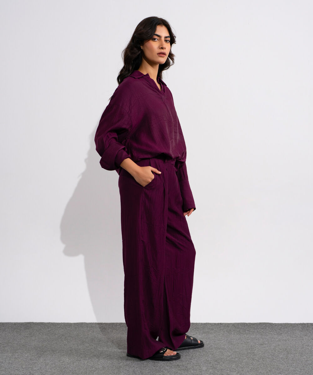Women's Magenta Textured Pleated Trouser