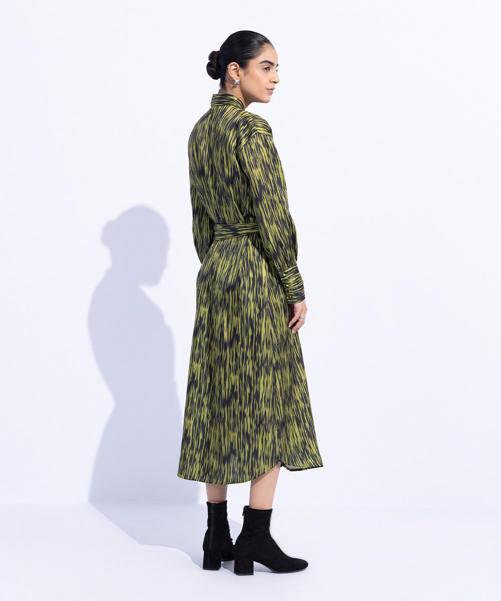 Woman - Green Silky Printed Dress with Belt