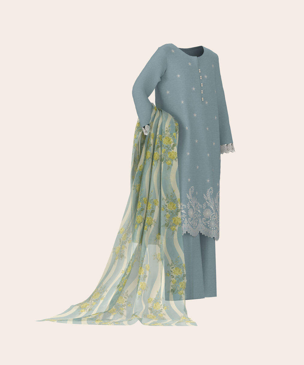 Women's Unstitched Self Jacquard Blue  Embroidered 3 Piece Suit
