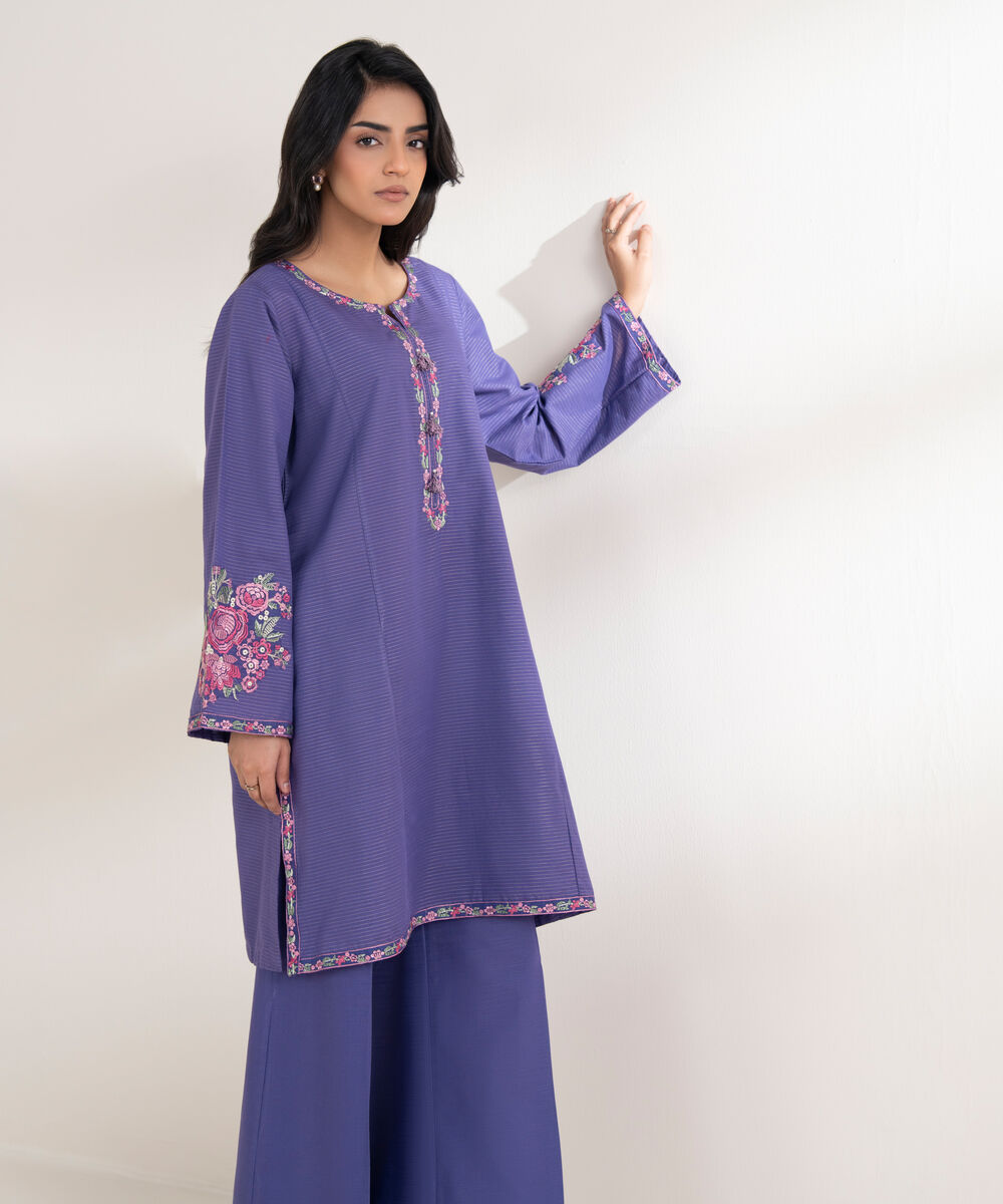 Women's RTW Light Khaddar Embroidered Purple Straight Shirt