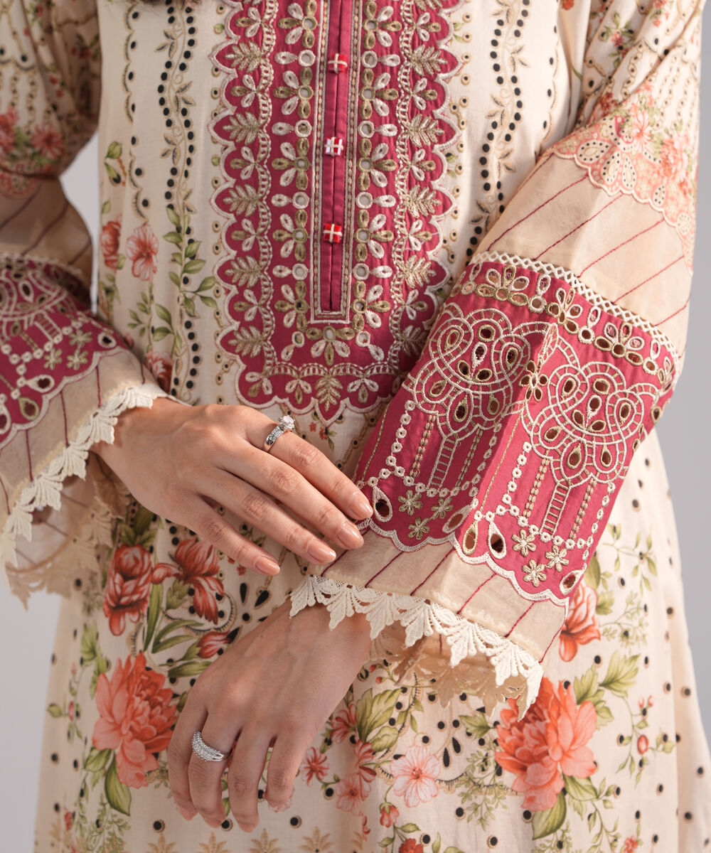 Women's RTW Lawn Embroidered Beige 3 Piece Suit