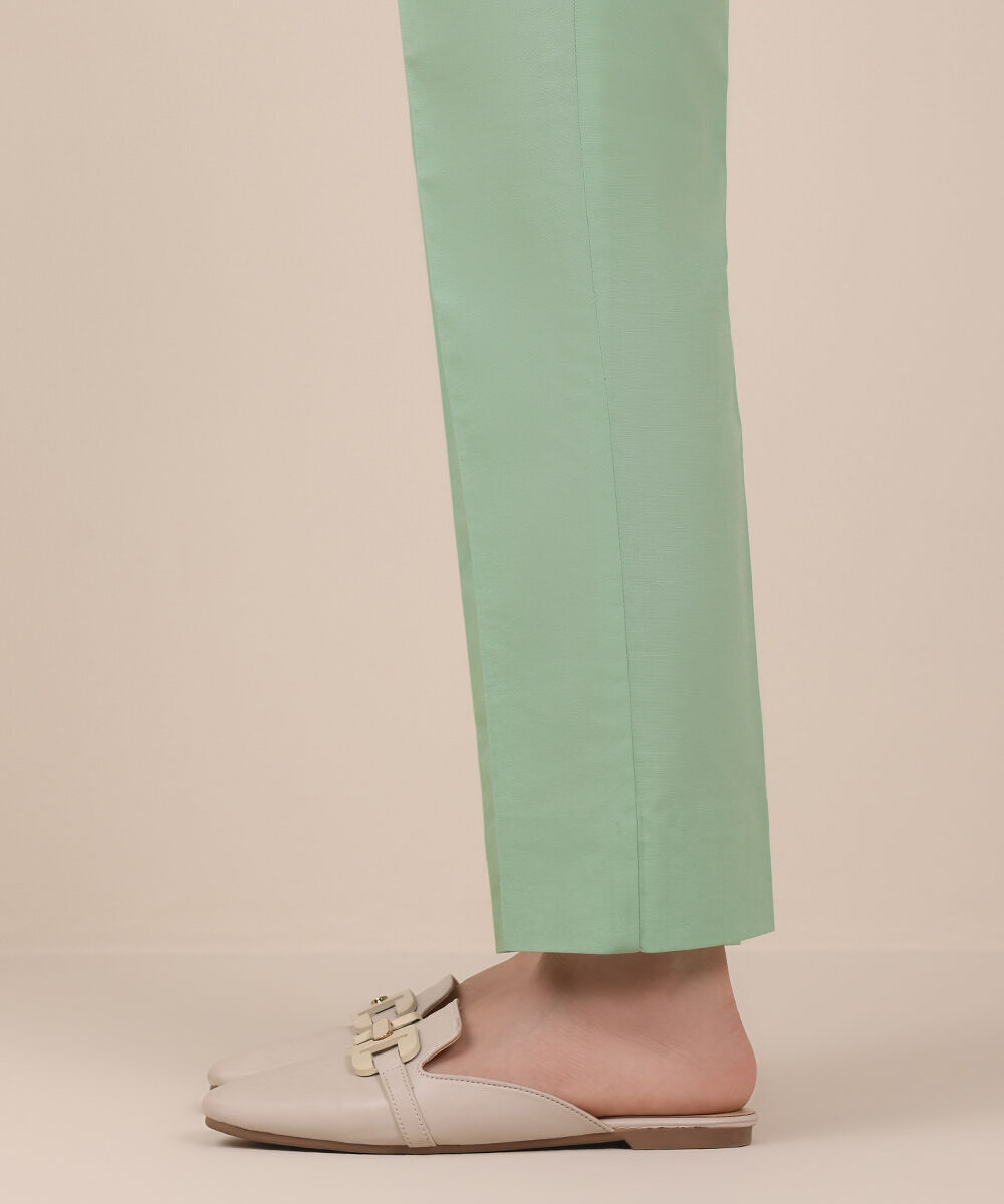 Women's Unstitched Cotton Solid Green Trousers