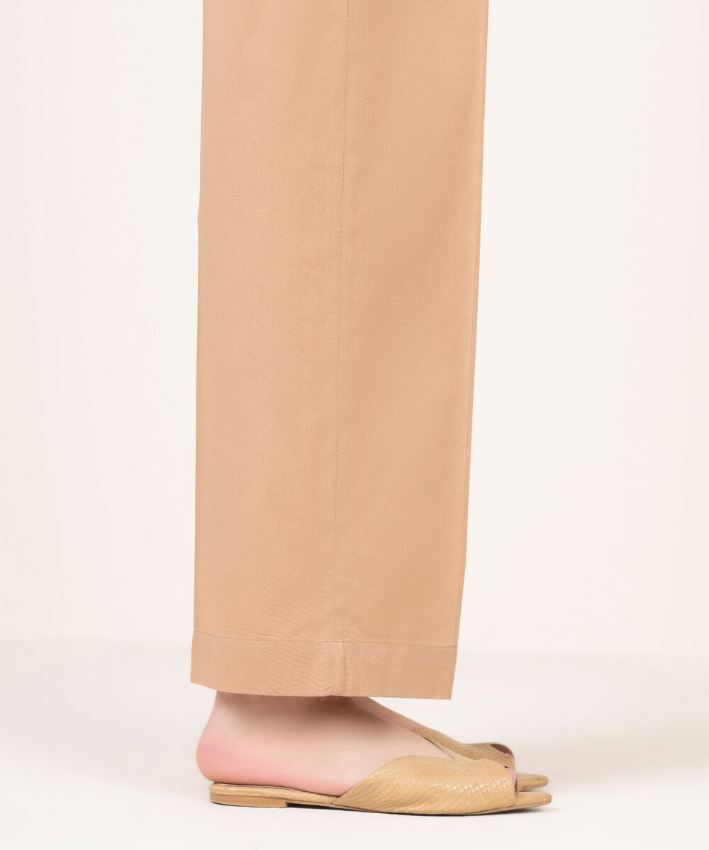 Women's RTW Cotton Solid Beige Straight Pants