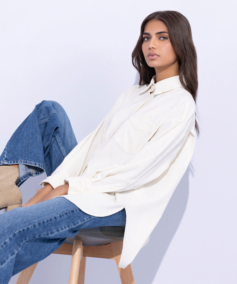 Woman - White Corduroy Oversized Shirt