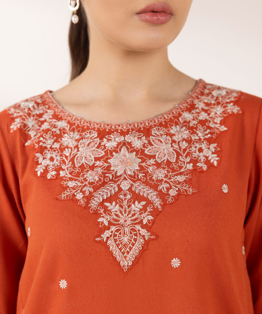 Woman - Orange Embroidered Cotton Karandi Shirt