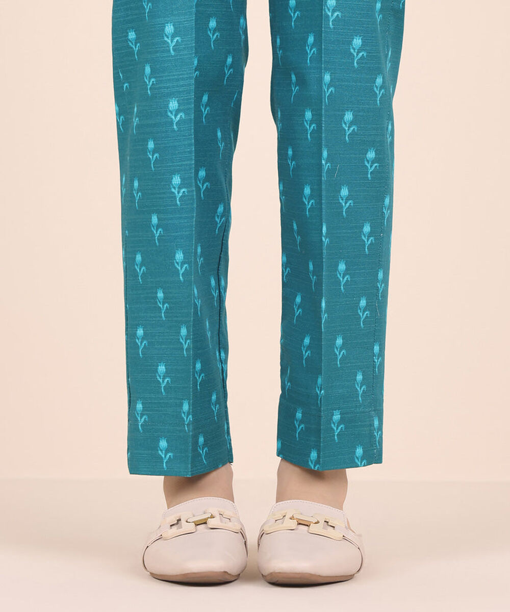 Women's Pret Printed Teal Khaddar Straight Trousers