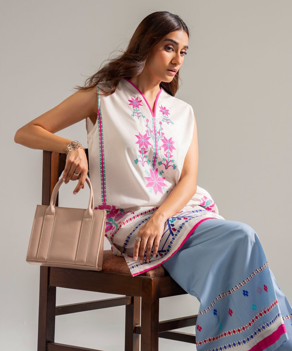 Women's RTW Lawn Embroidered White Straight Shirt