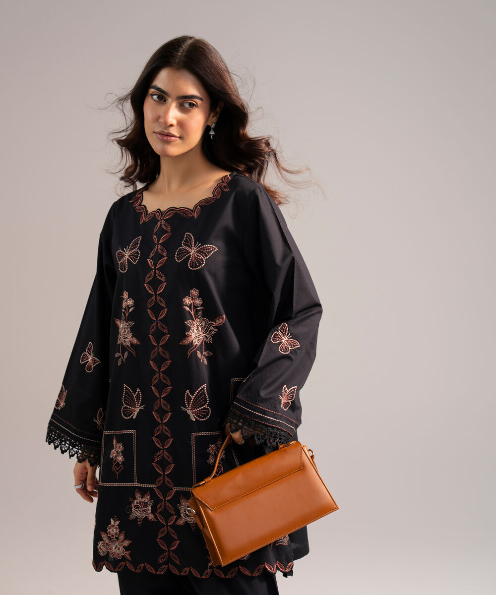 Women's RTW Cotton Viscose Embroidered Black Straight Shirt