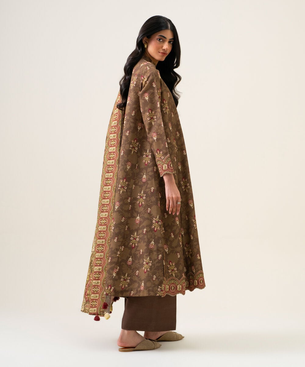 Womens Unstitched Light Khaddar Printed Brown 3 Piece Suit