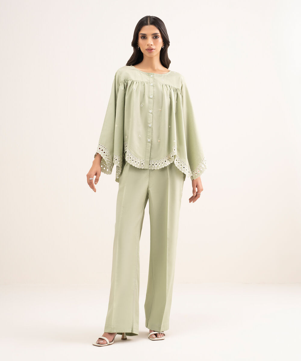 Women's RTW Dobby Embroidered Green Straight Shirt