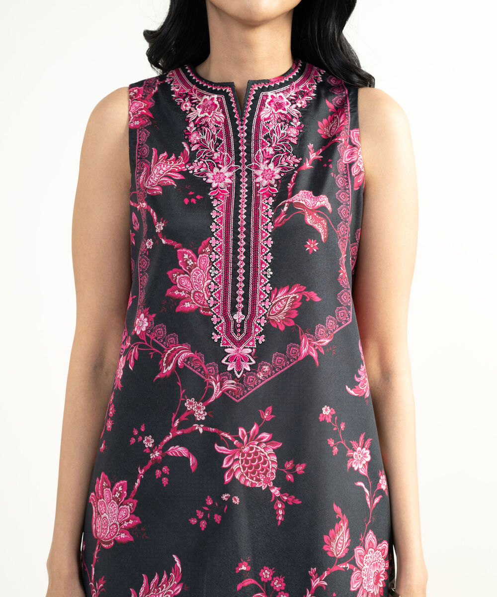 Women's Unstitched Blended Grip Silk Embroidered Black and Pink 3 Piece Suit