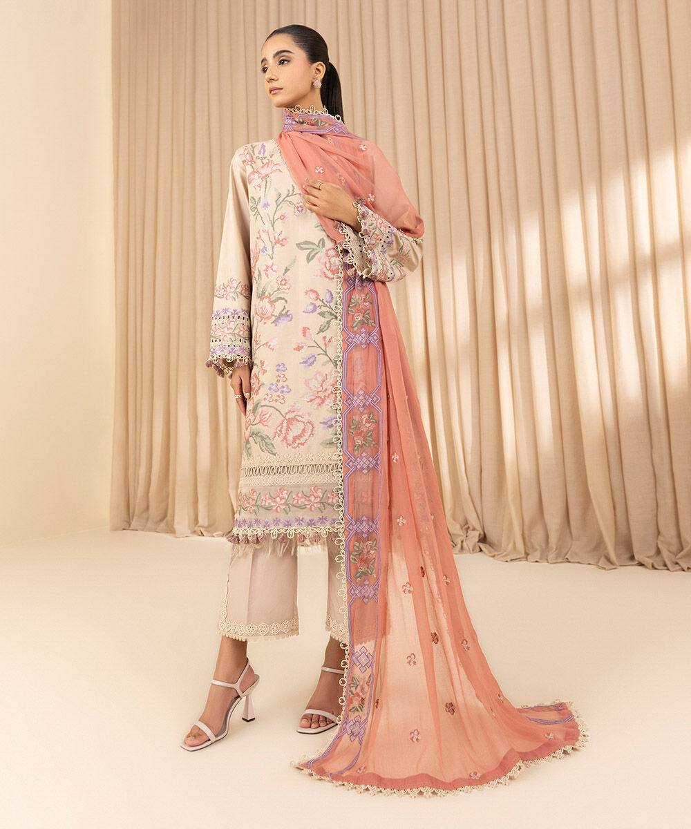 Unstitched Women's Embroidered Dobby Multi Three Piece Suit