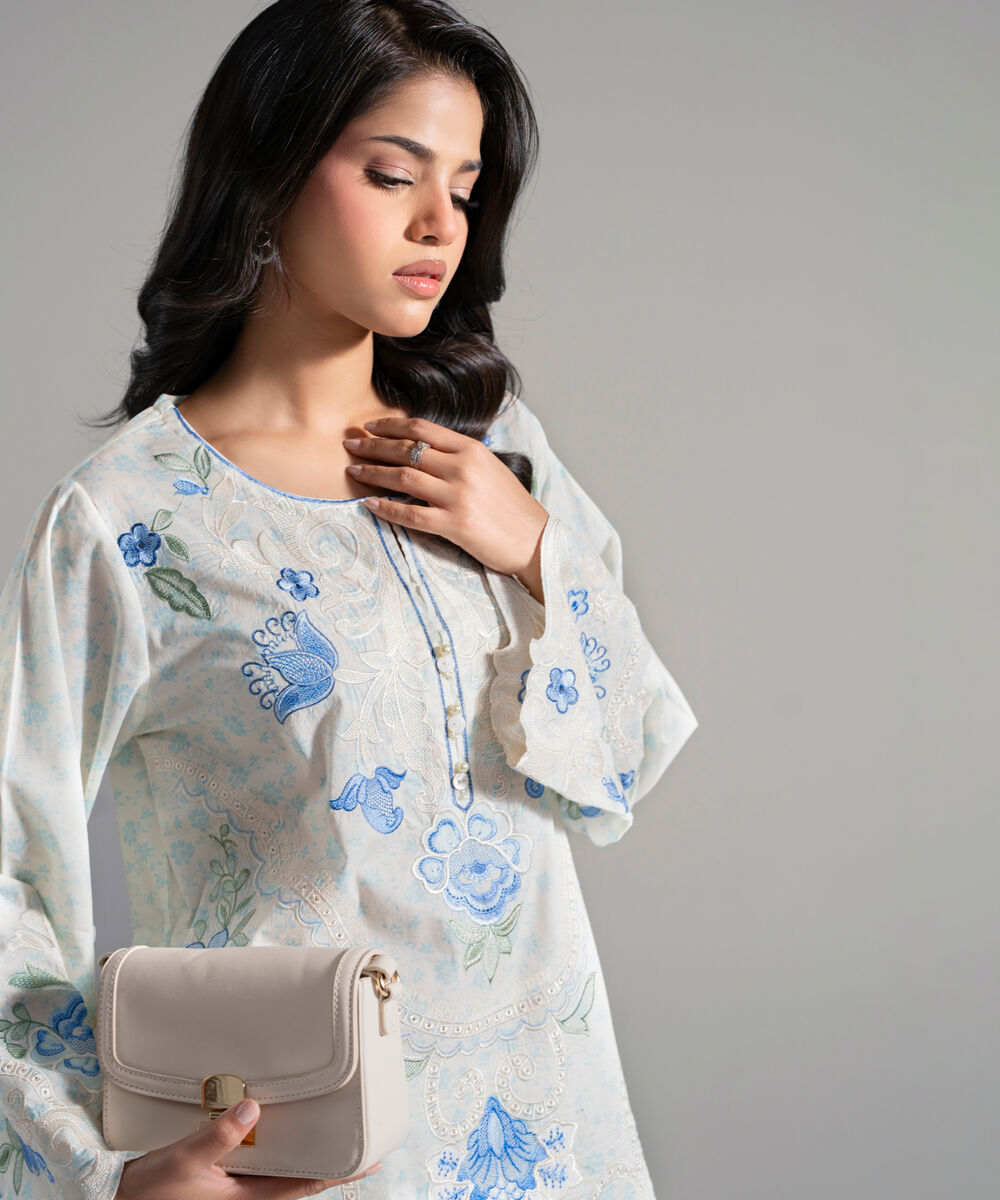 Women's RTW Lawn Embroidered Off White 2 Piece Suit