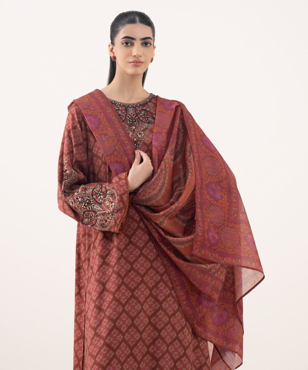 Women's RTW Textured Viscose Embroidered Rust 3 Piece Suit