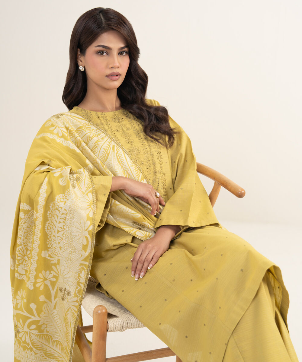 Women's Unstitched Zari Khaddar Yellow  3 Piece Suit