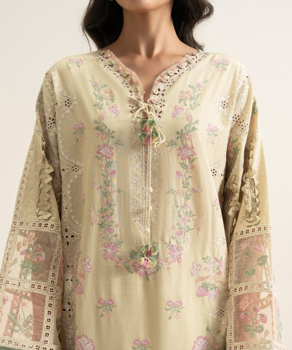 Women's Unstitched Slub Lawn Embroidered Beige 3 Piece Suit