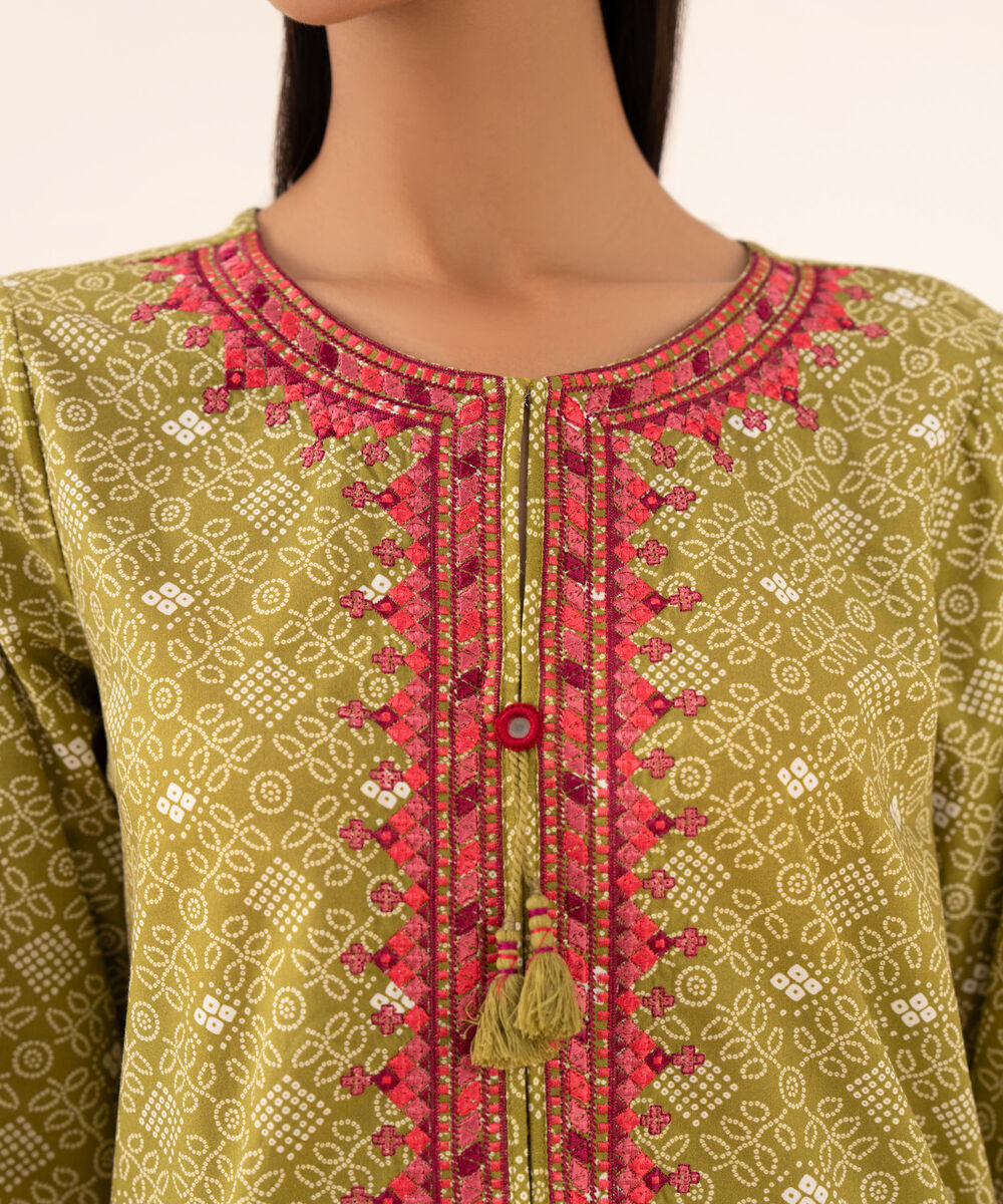 Women's RTW Cambric Green Embroidered A-Line Shirt