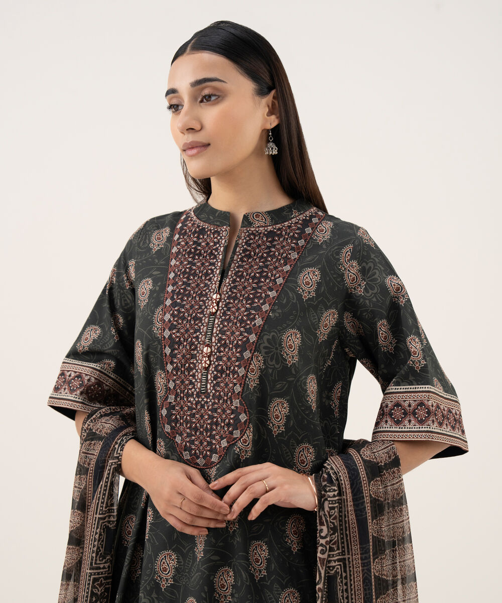 Women's Unstitched Light Linen Printed Grey 3 Piece Suit