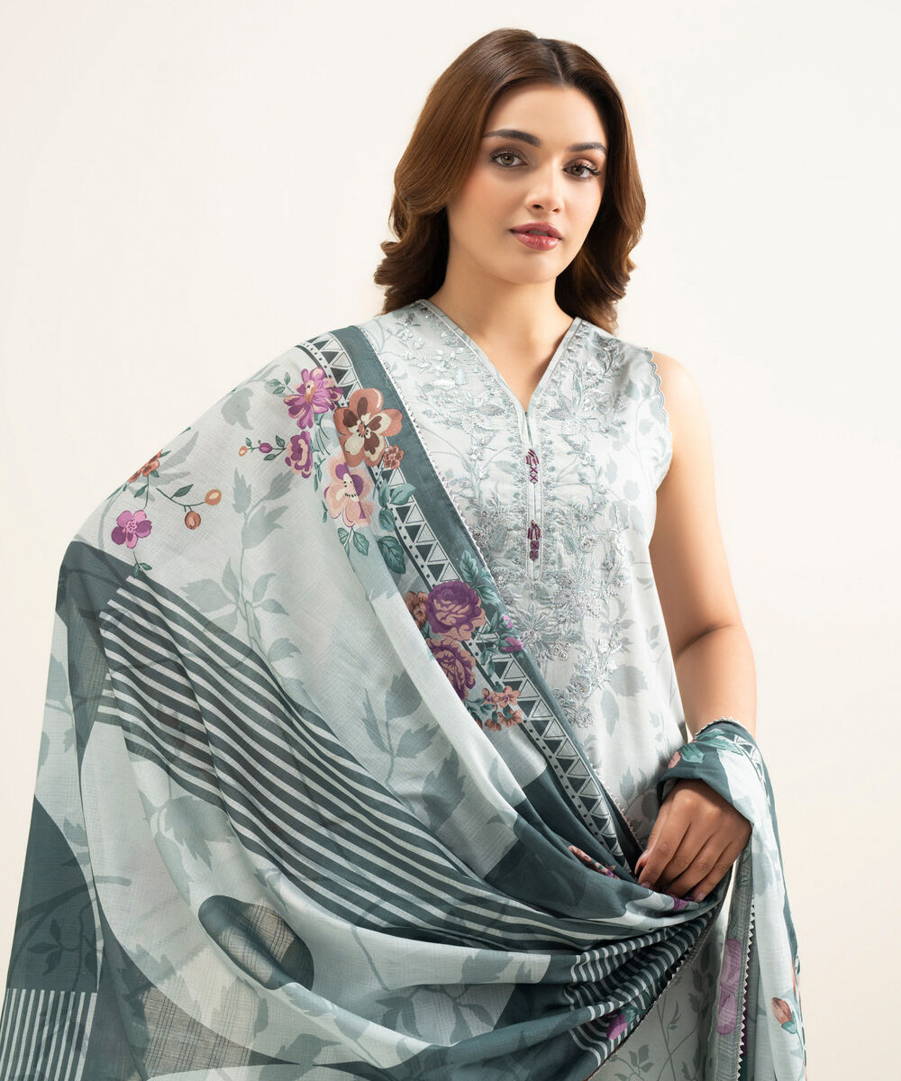 Women's Unstitched Lawn Grey Embroidered 3 Piece Suit