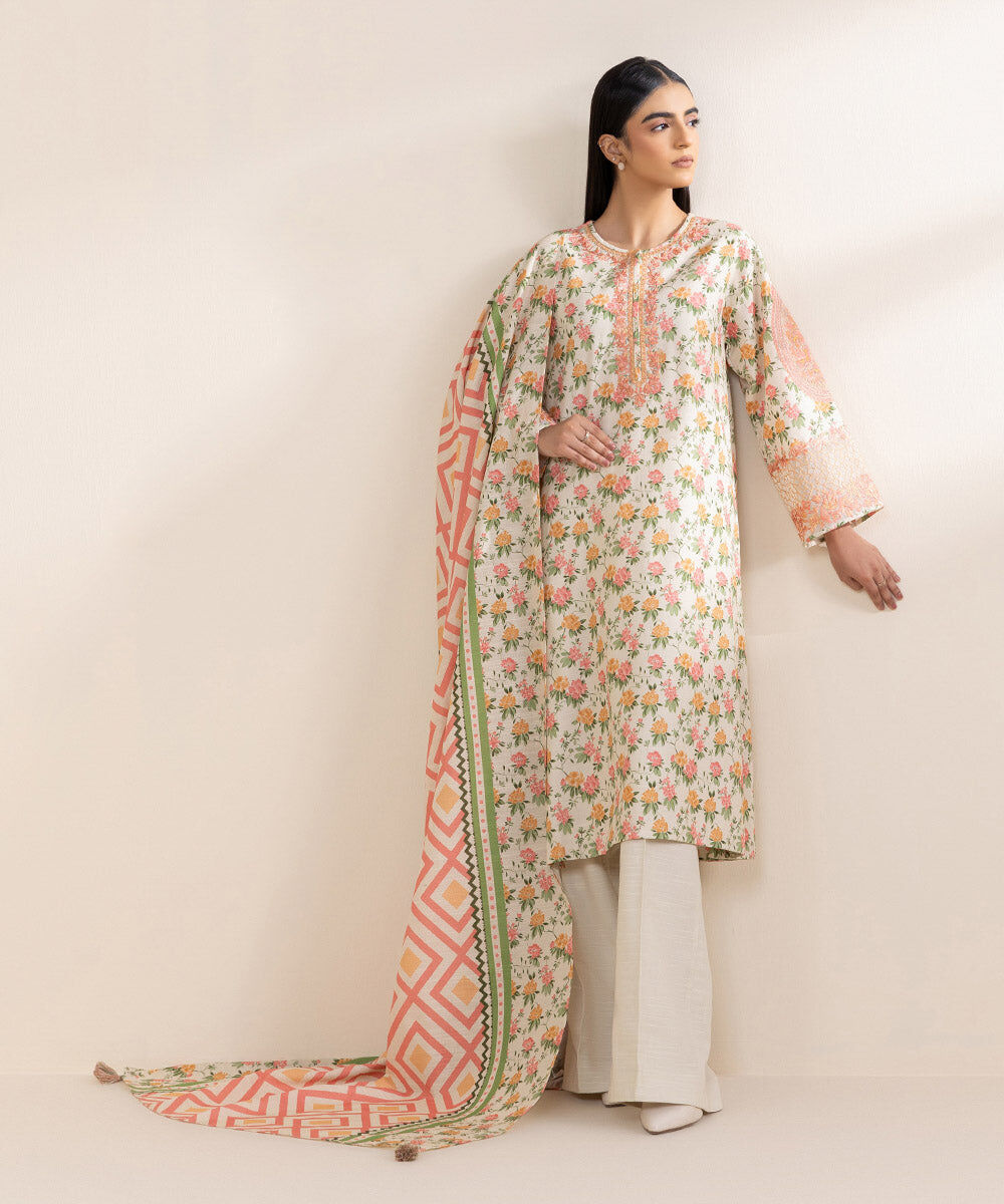 Women's Unstitched Embroidered Multicolour Khaddar Three Piece Suit
