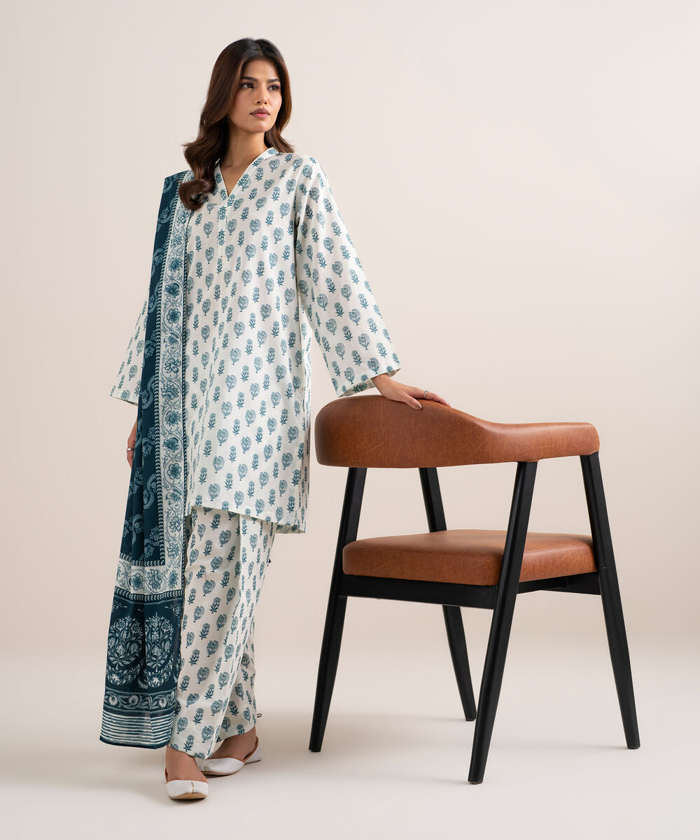 Women's Unstitched Lawn Printed Blue and White  3 Piece Suit